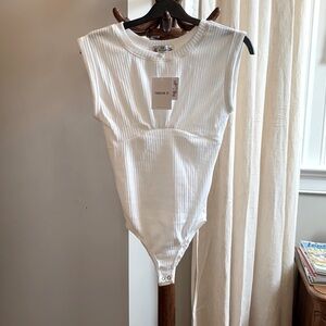 Forever 21 White Ribbed Cap-Sleeve Bodysuit
